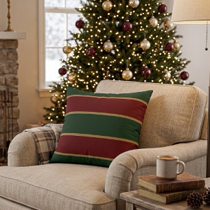 Cojín Decorativo Clásico Navidad Verde Y Rojo Con Borde Dorado