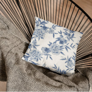 Cojín Decorativo Clásico Patrón de Acuarela de Toile Floral Azul Bl