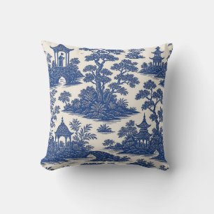 Cojín Decorativo Clásico patrón de toile de Chinoiserie azul y blan