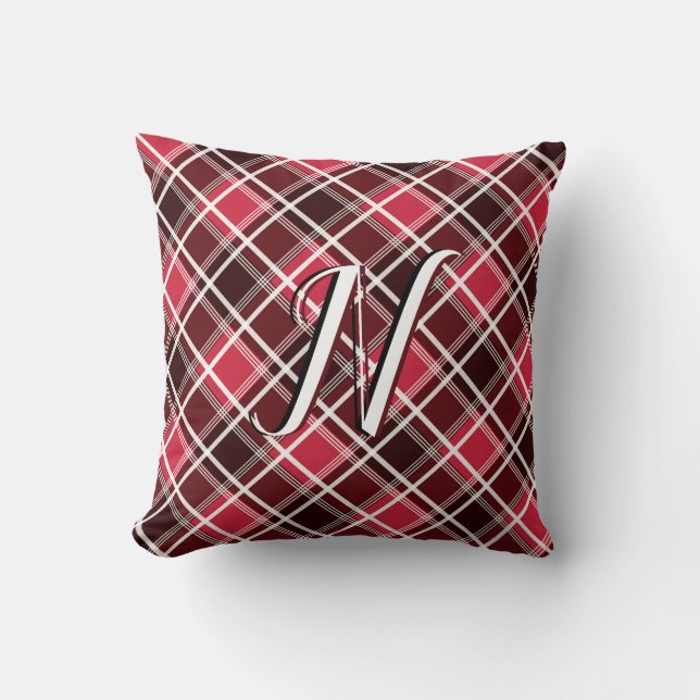 Cojín Decorativo Clásico Personalizado Monograma Rojo Tartán Plaid (Anverso)