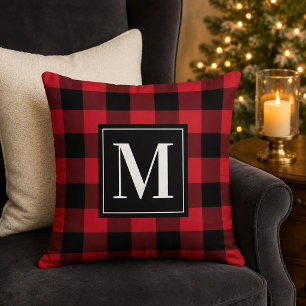 Cojín Decorativo Clásico Rojo Negro Plaid Búfalo Monograma Navidad