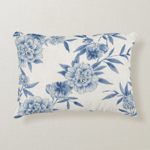 Cojín Decorativo Clásico Toile Floral Azul Patrón Acuarela Blanco