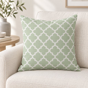 Cojín Decorativo Clásico Verde Salvia Blanco Trellis de Cuatro Hoja