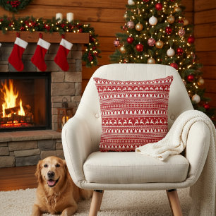 Cojín Decorativo Clásicos renos de Navidad con copas de nieve rojas