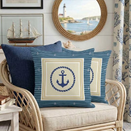 Cojín Decorativo Classic Nautical Navy Blue & Gold Anchor Striped