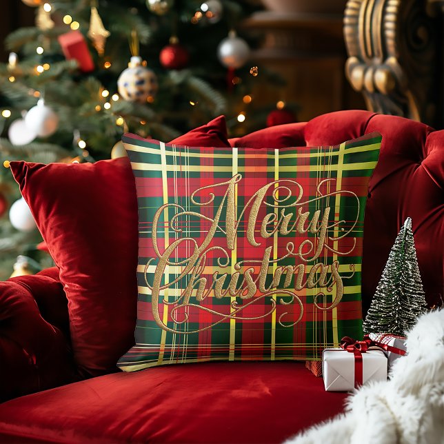 Cojín Decorativo Classic Red & Green Tartan Christmas Throw Pillow  (Festive Classic Christmas Tartan Merry Christmas Decorative Pillow)