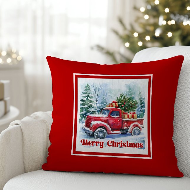 Cojín Decorativo Classic red truck Christmas scene rustic holiday  (Bring timeless holiday charm into your home with this beautifully illustrated watercolor Christmas r)