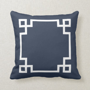 Cojín Decorativo Clave griega blanca y azul de la marina