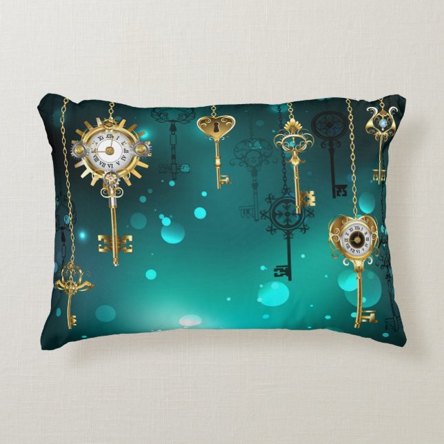 Cojín Decorativo Claves de esqueleto antiguas sobre fondo verde (Anverso)