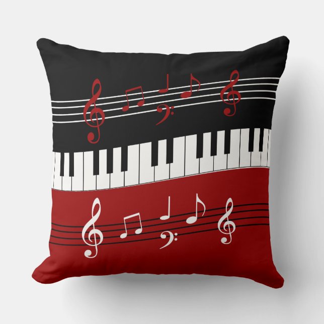 Cojín Decorativo Claves y notas de piano blanco rojo y negro (Anverso)