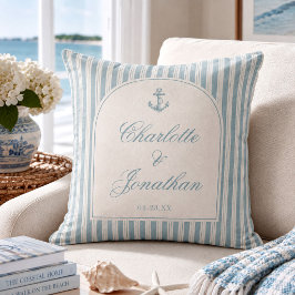 Cojín Decorativo Coastal Blue Ticking Stripe Nombres de Pareja Pers