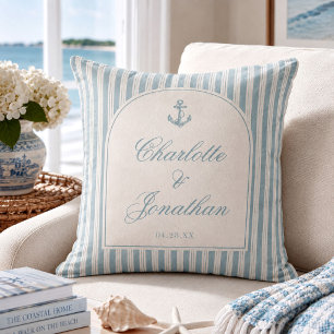 Cojín Decorativo Coastal Blue Ticking Stripe Nombres de Pareja Pers