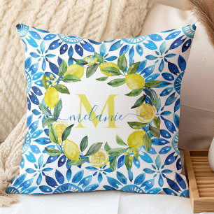 Cojín Decorativo Coastal Citrus & Baldosas Azules Monograma con Nom