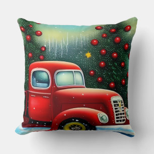 Cojín Decorativo Cobertor de Camioneta Roja Vintage de Navidad y Ár