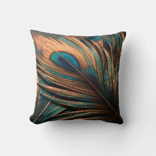 Cojín Decorativo Cobre Pluma de Pavo Real Teal Macro Lujo