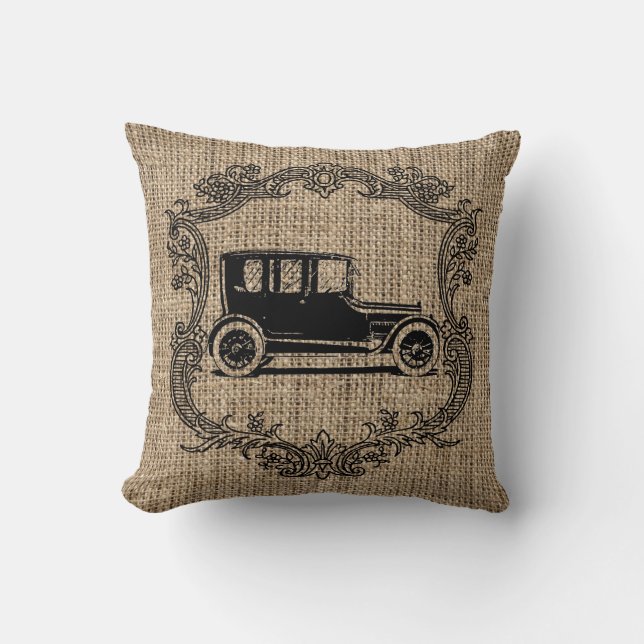 Cojín Decorativo Coche Antiguo en Arpillera (Anverso)