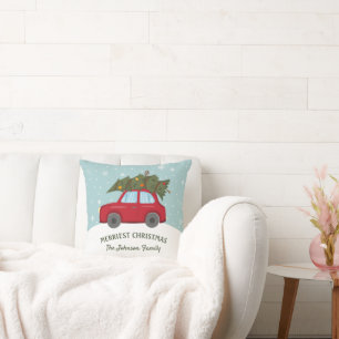 Cojín Decorativo Coche Rojo Transportando Árbol Navidad Más Alegre