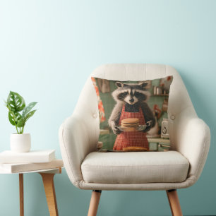 Cojín Decorativo Cocina retro con un chef de mapache que sirve panq