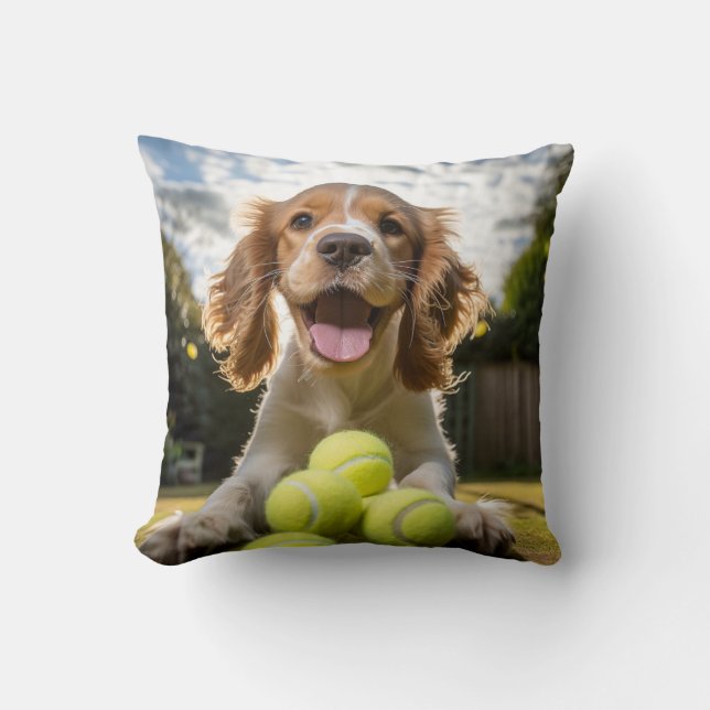 Cojín Decorativo Cocker 🐕 español Cachorro con bolas de tenis (Anverso)