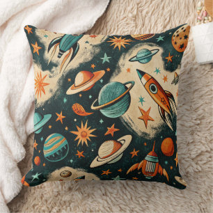 Cojín Decorativo Cohete cósmico retro cómic explosión de estrellas