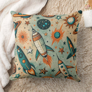 Cojín Decorativo Cohetes Estrellas Cósmicas Caprichosas Coral Teal
