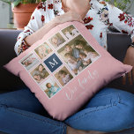 Cojín Decorativo Colage de Foto Familiar Monograma de Color Editabl<br><div class="desc">Almohadón con monograma que presenta las palabras "Nuestra Familia" en una elegante escritura con 8 fotos cuadradas dispuestas en una cuadrícula con un borde blanco alrededor en los lados frontal y trasero, lo que hace un total de 16 fotos que puedes reemplazar con tus propias fotos, todo sobre un color...</div>