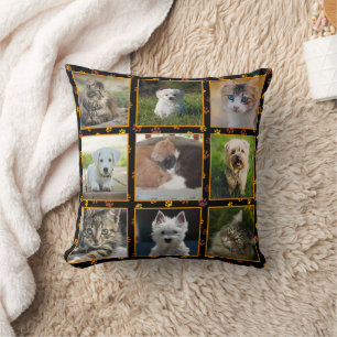 Cojín Decorativo Colage de fotos de mascotas con huellas de patas d