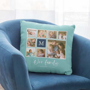Cojín Decorativo Colage de Fotos de Nuestra Familia con Monograma d