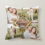 Cojín Decorativo Colage de fotos de pareja dorado blanco girasol ro<br><div class="desc">Este bonito y romántico recuerdo de boda es perfecto para la pareja recién casada. Cuenta con ocho imágenes personalizadas en un collage de fotos de la pareja con madera marrón rústica y una caja de texto dorado impreso falso rodeada de girasoles y hojas de color amarillo goldenrod y verde bosque...</div>