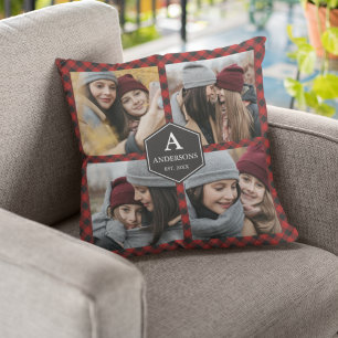 Cojín Decorativo Colage de fotos familiares de leñador a cuadros ro