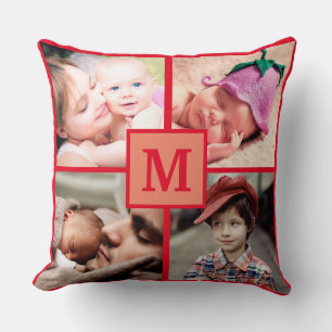 Cojín Decorativo Colage de Fotos Monograma Personalizado Rojo Imáge
