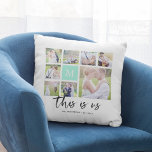 Cojín Decorativo Colage de fotos personalizadas con monograma This<br><div class="desc">Almohadón monograma con las palabras "esto somos nosotros" en una escritura elegante con 8 fotos cuadradas dispuestas en una cuadrícula en la parte delantera y trasera, lo que hace un total de 16 fotos que puedes reemplazar con tus propias fotos sobre un fondo blanco. También puedes agregar la inicial de...</div>