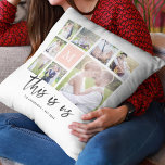 Cojín Decorativo Colage de Fotos Personalizado con Monograma Esta E<br><div class="desc">Almohada con monograma que presenta las palabras "esto somos nosotros" en una escritura elegante con 8 fotos cuadradas dispuestas en una cuadrícula en el frente y en la parte posterior, lo que hace un total de 16 fotos que puedes reemplazar con tus propias fotos sobre un fondo blanco. También puedes...</div>