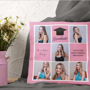 Cojín Decorativo Colaje de fotos de graduación sonriente en rosa