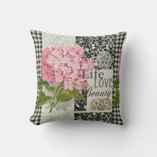 Cojín Decorativo Colaje de Hortensia Rosa Chic Arte de Damasco Vint