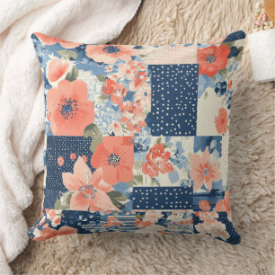 Cojín Decorativo Colcha de patchwork floral americana en azul marin