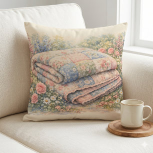 Cojín Decorativo Colcha de patchwork floral Cottagecore acuarela