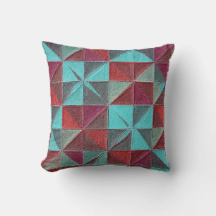 Cojín Decorativo colcha roja, azul verdoso, morada y gris
