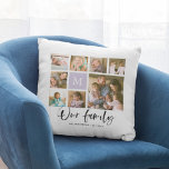 Cojín Decorativo Colgajo de fotos de nuestra familia con monograma<br><div class="desc">Almohadón de monograma con las palabras "Nuestra familia" en una elegante letra cursiva con 8 fotos cuadradas dispuestas en una cuadrícula en la parte delantera y trasera, lo que hace un total de 16 fotos que puedes reemplazar con tus propias fotos sobre un fondo blanco. También puedes agregar la inicial...</div>