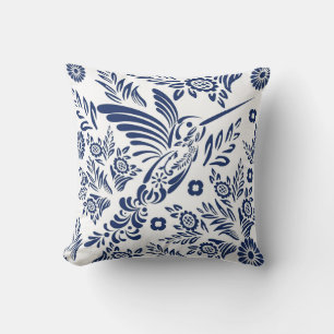 Cojín Decorativo Colibrí Azul y Blanco Talavera Mexicana Floral