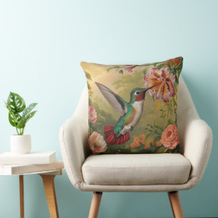 Cojín Decorativo Colibrí Colorido Y Flores