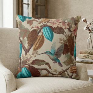 Cojín Decorativo Colibrí de cacao turquesa botánico vintage