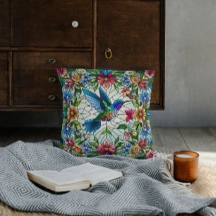 Cojín Decorativo Colibrí Elegante con Efecto de Vidrio Pintado