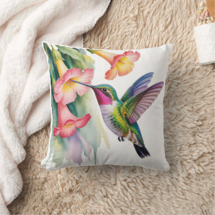 Cojín Decorativo Colibrí en acuarela con flores