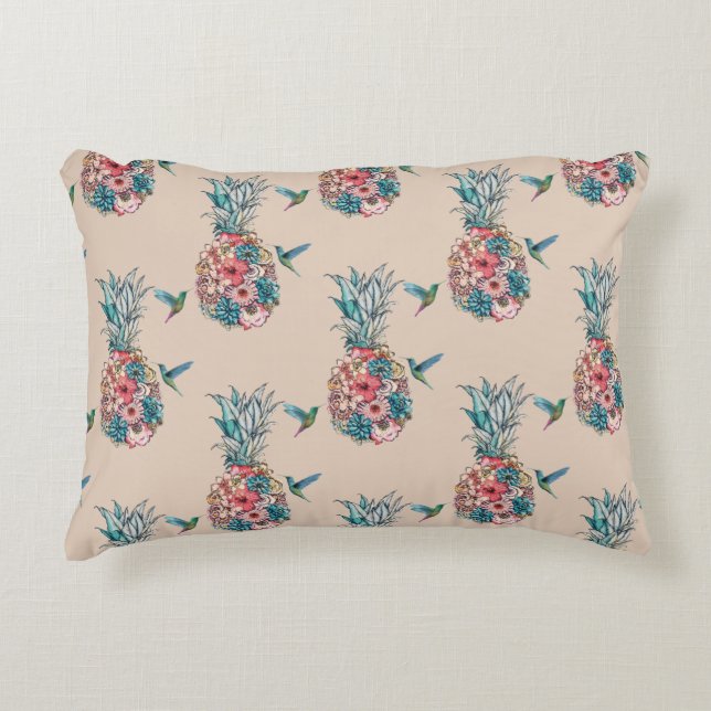 Cojín Decorativo Colibrí floral Crema de piñas tropicales (Anverso)