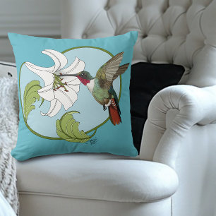 Cojín Decorativo Colibrí Lirio Azul Art Nouveau