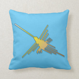 Cojín Decorativo Colibrí Nazca Dorado En Fondo Azul