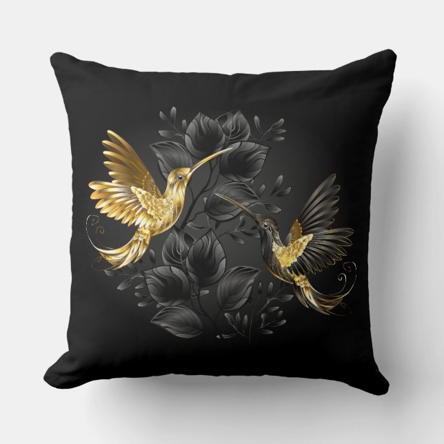 Cojín Decorativo Colibrí negro y dorado (Anverso)