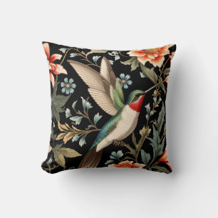 Cojín Decorativo Colibrí Precioso sobre Fondo Floral Oscuro