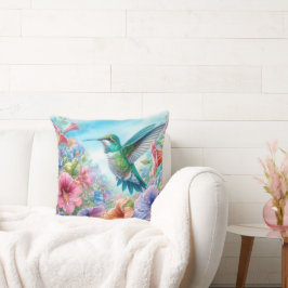 Cojín Decorativo Colibrí Y Flores Coloridas